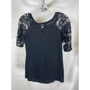 Rue21 Womens Black Lace Raglan Sleeve Cotton Knit Top Size M Scoop Neck Floral